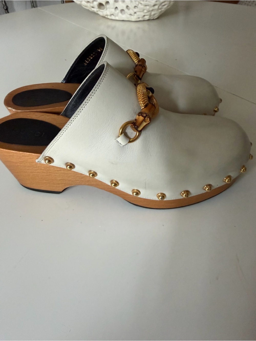 Gucci Stann Cream Leather Mule Clogs with Gold Horsebit and Studs
Size 38